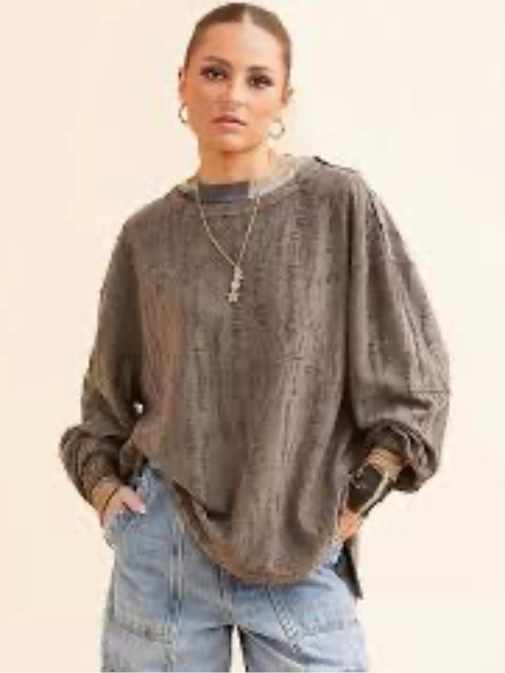 Gilded Intent Distressed Textured Long Sleeve Top - Gray